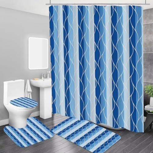 DDQQ 4Pcs Blue Bathroom Set Stripe Shower Curtain Set Modern Geometric Shower Curtain for Bathroom with 12 Hooks, Bathroom Carpet Bath Mat and Toilet Rugs - color: Blue
