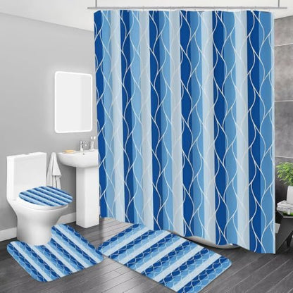 DDQQ 4Pcs Blue Bathroom Set Stripe Shower Curtain Set Modern Geometric Shower Curtain for Bathroom with 12 Hooks, Bathroom Carpet Bath Mat and Toilet Rugs - color: Blue