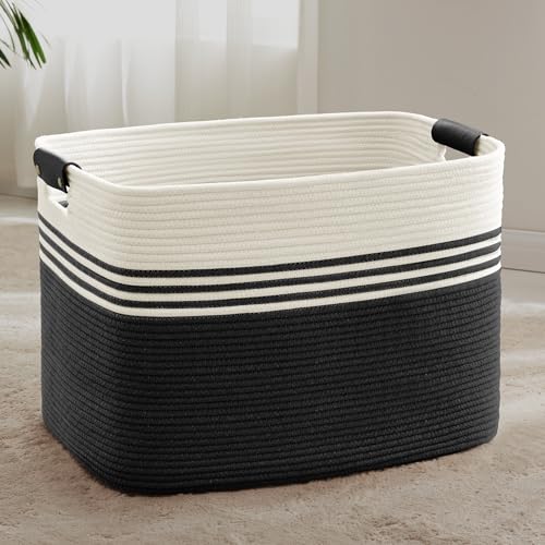 100L Large Woven Laundry Basket Hamper with Leather Handles,Black | collapsible wicker hamper, storage for dirty clothes, toys, blankets, gifts, living room, bedroom, bathroom, 24"x16"x16" - color: Black, size: 100L