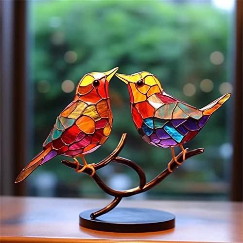 2023 New Stained Metal Birds On Branch Desktop Ornaments, Metal Flat Double Sided Colorful Birds Tabletop Decorations, Multicolor Hummingbird Craft Statue Bird Figurines Sculpture for Home Decor. - color: B-love