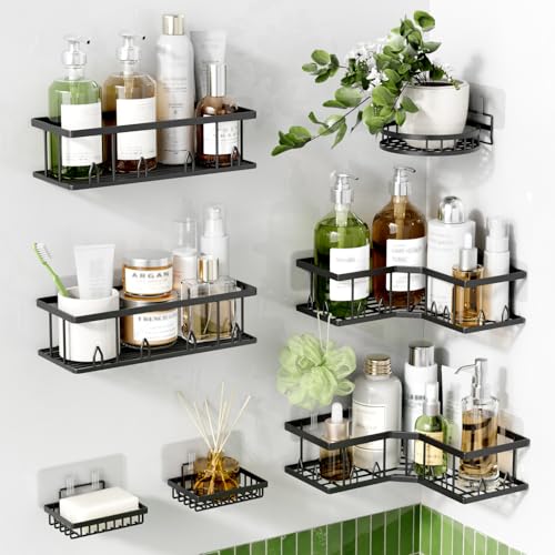 Shower Shelf Corner, 7-Pack Adhesive Shower Caddy, Metal Shower Caddy with Soap Holder, Black Shower Shelves No Drilling Bathroom Caddy for Shower, Home Decor Rv Accessories, Apartment - color: Matte Black (7 Pack)