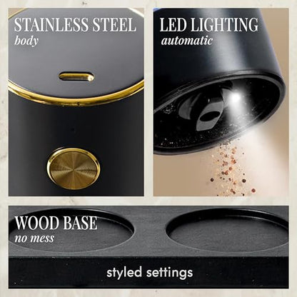 Styled Settings Electric Salt and Pepper Grinder Set Rechargeable, Black | Automatic Salt and Pepper Shaker Set with USB-C Port, LED Light, Adjustable Coarseness, One Touch Control, Stainless Steel - color: Black