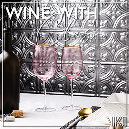 Vikko Décor Wine Glasses, Set of 2 Peach Blown Glass with Gold Rim, 14 Ounce Fancy Wine Glasses With Stem for Red and White Wine, Dishwasher Safe Goblets, Decorative Wine Glasses