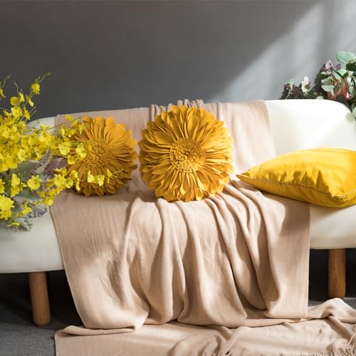 JWH Handmade 3D Sunflower Throw Pillow Cover, Golden Yellow, 14 Inch | Decorative Round Cushion, Floral Accent, Bed Living Room Couch Pops