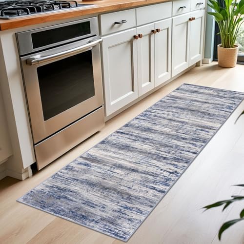KOZYFLY Modern Washable Rug Runner 2x7 Kitchen Runner Rugs Grey-Blue | Non-Slip, Non-Shedding, Low Pile Soft, Abstract Striped, For Hall Kitchen Entryway Bathroom Laundry Bedroom Foyer - color: Blue-grey, size: 2' x 7' (Runner)