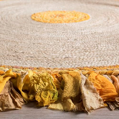 SAFAVIEH Cape Cod Collection Area Rug - 3' Round, Gold & Natural, Handmade Boho Fringe Jute & Cotton, Ideal for High Traffic Areas in Living Room, Bedroom (CAP212D)