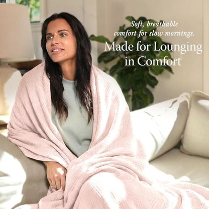 Threadmill Cotton Twin Blanket, Herringbone, 68 x 92 in, Moisture-Wicking | 100% Cotton, Herringbone Pattern, 350 GSM, 68x92 in, Moisture-Wicking, All-Season, OEKO-TEX Certified, Machine Washable - color: English Rose, size: Twin (68" x 92")