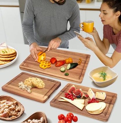 Solid Acacia Wood Cutting Board Set of 3 Wooden Charcuterie Boards Set | Hardwood Meat Chopping Board Butcher Blocks Safe Non Toxic Large Cutting Boards for Kitchen Decor Bread Serving Cheese Board - size: 3 Pcs (16"&13"&11")