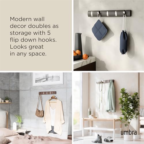 Umbra Flip Coat Rack, Wall Mounted 5-Hook Space Saving, Driftwood/Nickel | Real wood and steel build, retractable hooks fold flat, holds coats bags and scarves, easy install - color: Driftwood/Nickel, size: 5-Hook