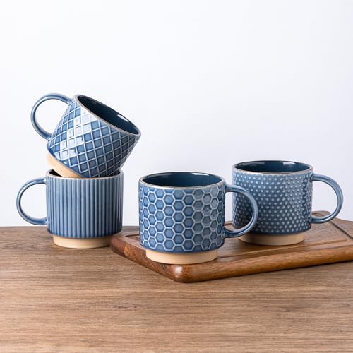GBhome 12 OZ Stackable Coffee Mugs, Ceramic Coffee Mugs with Texture Patterns for Man,Woman,Dad,Mom, Modern Coffee Cups Set of 4 for Latte/Cappuccino/Cocoa. Dishwasher&Microwave Safe | 4 Assorted Designs, Embossed Mugs with Texture Patterns for Tea/Coffee