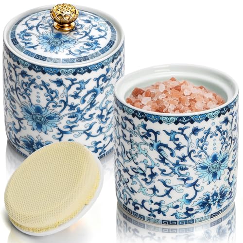 2 Pack Blue and White Porcelain Salt Cellar with Lid, Vintage Ceramic Salt Containers for Countertop, Small Airtight Salt Storage Box, Seasoning Holder, Spice Jars for Sugar, Candy, Herbs