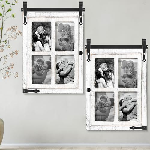 Sintuff 2 Sets Picture Frame Collage Fit 4x6 Photo Multi 4 Opening White Wooden Barn Door Window Farmhouse Picture Frame Collage for Living Room Bedroom Wall Decor - color: Distressed White, size: Fit 4x6, style: 4 Opening