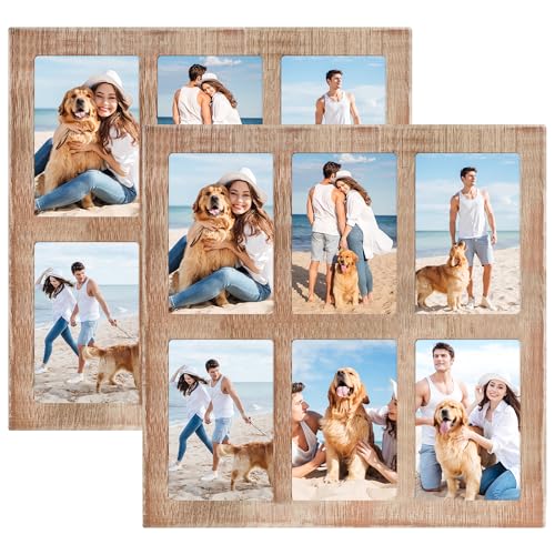 YESKAY 4x6 Picture Frame Collage Set of 2,4 x 6 Wooden Frame with Real Glass,6-Opening 4 by 6 Family Photo Frames for Wall Decor,Rustic Brown(OD:13X13in) - color: Rustic Brown, size: 4x6-6 Opening(OD:13x13in)