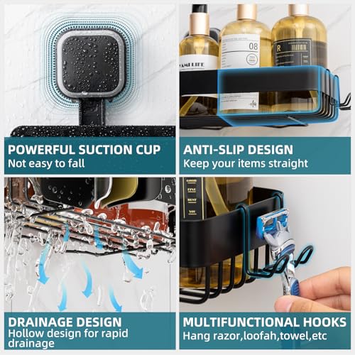 TAILI Shower Caddy Suction Cup Stainless Steel Shower Shelves Black 2pack