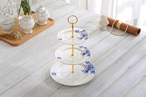 Gold Trimmed Blue Floral 3 Tier Cake Stand, Dessert Stand, Cupcake Stand