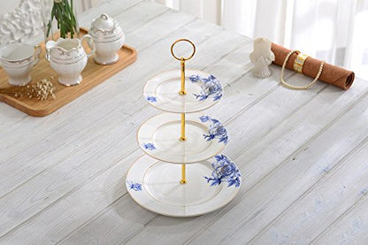 Gold Trimmed Blue Floral 3 Tier Cake Stand, Dessert Stand, Cupcake Stand