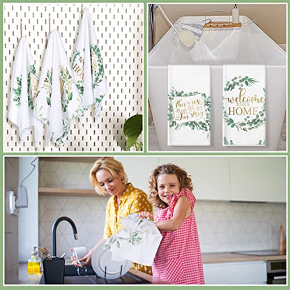Redbaker 6 Pcs Eucalyptus Kitchen Towels Sage Green Farmhouse Dishcloth | Decorative Dish Cloths with Gold Quotes, Spring Kitchen Decor, Absorbent for Bathroom, Tea Towel Style, Housewarming Gifts - style: Eucalyptus Leaf