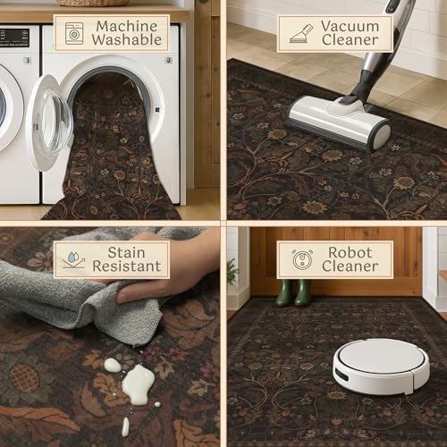Washable 2x6 Kitchen Runner Rugs Non Slip - Dark Brown Hallway Runner Rug, Farmhouse Non Slip Floral Botanical Bathroom Mats, Southwestern Cabin Bedroom, Hall Way Low Pile Carpet - color: Brown, size: 2' x 6' (Runner)