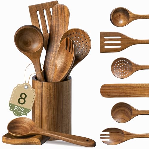8 PCS Natural Acacia Wooden Utensil Set Wooden Spoons for Cooking | Non-Toxic Acacia Wood, Nonstick Safe, Sturdy Easy to Clean, Includes Holder & Spoon Rest, Great Kitchen Gift - size: 8 PCS SET