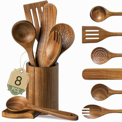 8 PCS Natural Acacia Wooden Utensil Set Wooden Spoons for Cooking | Non-Toxic Acacia Wood, Nonstick Safe, Sturdy Easy to Clean, Includes Holder & Spoon Rest, Great Kitchen Gift - size: 8 PCS SET