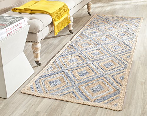 SAFAVIEH Cape Cod Collection Runner Rug - 2'3" x 6', Natural & Blue, Handmade Flat Weave Diamond Braided Jute & Denim, Ideal for High Traffic Areas in Living Room, Bedroom (CAP354A) - color: Natural/Blue, size: 2'3" x 6' (Runner)