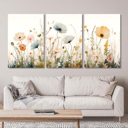 Wildflower Meadow Canvas Wall Art – 3 Panel Botanical Floral Print in Soft Pastel Colors – Modern Farmhouse Decor for Bedroom, Living Room, or Entryway (24" x 36" x 3 pcs) - size: 24" x 36" x 3 pcs