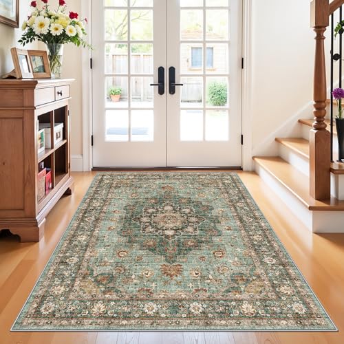 4x6 Area Rug for Living Room: Perfect for Bedroom Kitchen Kids Room Nursery | Stain & Water Resistant Non-Slip Pet & Child Friendly Vintage Carpet Low Pile Ultra Soft Stain Resistant Carpet (Green, 4x6) - color: Green, size: 4' x 6' (Rectangular)