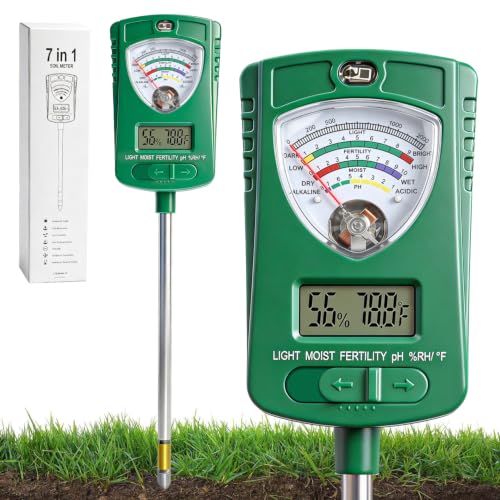 7-in-1 Soil Test Kit with 90° Rotatable Head, Soil Tester for Moisture/pH/Light Intensity/Fertility, Digital Screen for Soil & Air Temp/Humidity, Ideal for Garden, Lawn, Farm, Indoor/Outdoor Plants
