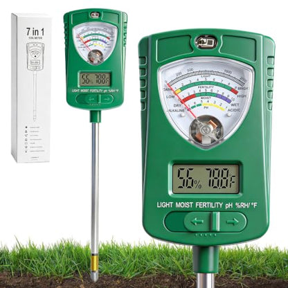 7-in-1 Soil Test Kit with 90° Rotatable Head, Soil Tester for Moisture/pH/Light Intensity/Fertility, Digital Screen for Soil & Air Temp/Humidity, Ideal for Garden, Lawn, Farm, Indoor/Outdoor Plants