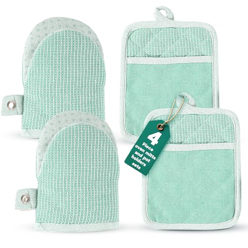 Casa Platino Heat Resistant Oven Mitts & Pot Holders, 4-Piece – Oven Mitt for Baking & BBQ, Potholders for Kitchens – Withstands Heat Up to 500°F, Soft, Durable & Non-Slip – Sage - color: 01: Oven Mitts - Sage, size: Oven Mitt Set - 4 Pack