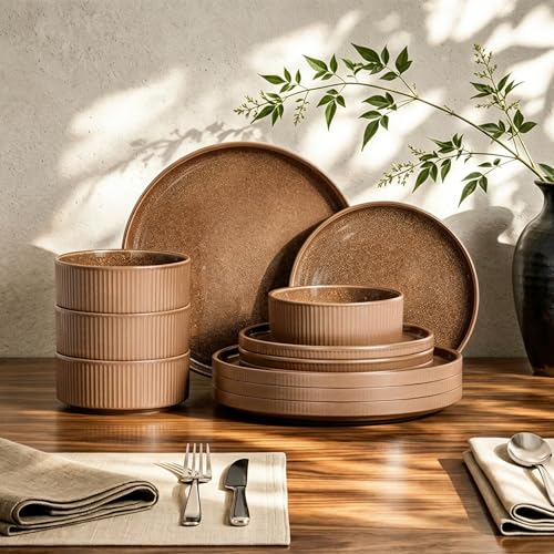 Kitchen Academy 12-Piece Stoneware Dinnerware Sets for 4, Brown Fluted | Handmade Reactive Glaze Plates and Bowls, Scratch Resistant Dish Set, Oven Microwave Dishwasher Safe - color: Brown, size: Service for 4-12Pcs