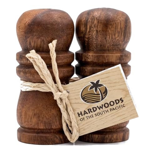 Handcrafted Hawaiian Acacia Wood Salt & Pepper Shaker Set – 4” Natural Wood Grinders, Anti-Clog Design, Sustainably Harvested, Kitchen Table Decor