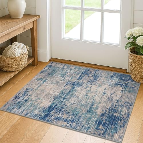 KILOCOCO 2x3 Washable Entryway Rug Abstract Small Rug, Blue/Grey/Beige | Machine Washable Kitchen Rug, Non Slip Door Mat Indoor Entrance, Soft Entry Rugs, Printed Throw Rugs, Indoor Front Door Rug - color: Blue/Grey/Beige, size: 2' x 3' (Rectangular)