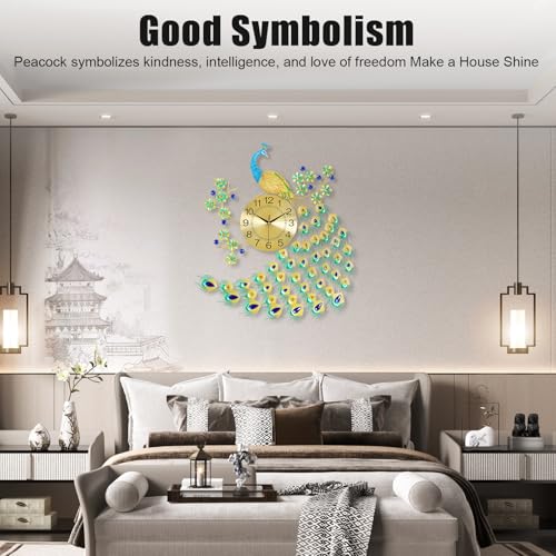 Large Peacock Wall Clock, 27.5" Luxury 3D Wall Clock Non-Ticking Silent Gold Metal Decorative Wall Clock Art Digital Wall Decor for Living Room Bedroom Office - size: 25.59*27.56in