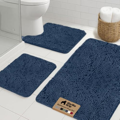 GORILLA GRIP Bathroom Rug Sets 3 Piece, Bath Mat Set and Oval Toilet Base with Rubber Backing, Plush Absorbent Shaggy Chenille Washable Mats, Includes 24x19.5, 24x17 and 36x24 Inch Rugs, Navy - color: Navy, style: 24"x19.5" + 24"x17" + 36"x24" - 3 Pack