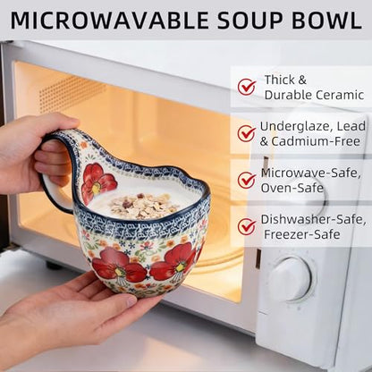 ALMA Soup Bowl With Handle,16oz Handpainted Floral Soup Mug Microwave Safe | Ceramic Large Loop Handle, Enjoy Soup,Cereal,Stew,Ice Cream,Snack,Fruits,Chili, Farmhouse Gift for Grandma Mom Homemakers - color: Red Lily