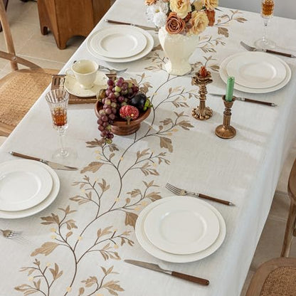 Joyfol Day Rustic Waterproof Linen Tablecloth, Heavy Weight Beige Embroidery Table Cloths for Rectangle Tables, Burlap Farmhouse Table Covers (Coffee Leaves, 55''x 70'') - color: Coffee, size: 70" x 55" (Rectangular)