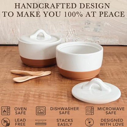 Mora Ceramic Salt and Pepper Cellar Set with Lid - 10 oz Modern Canister/Container/Bowl for Storage, Sea Salt, Spice, Sugar, Countertop - Small Dish/Jar with Wood Spoon, White Crock - color: Vanilla White