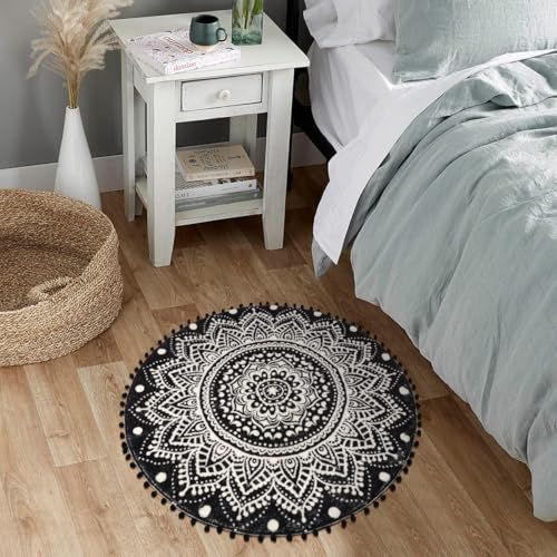 Uphome Small Round Rug 2.3’ Black Mandala Boho Bathroom Rugs with Pom Poms Fringe Washable Circle Shower Mat Soft Non-Slip Cute Circular Throw Rug for Sink Powder Room Bedroom Kids Room Nursery - color: Black-upgraded, size: 2.3' Round