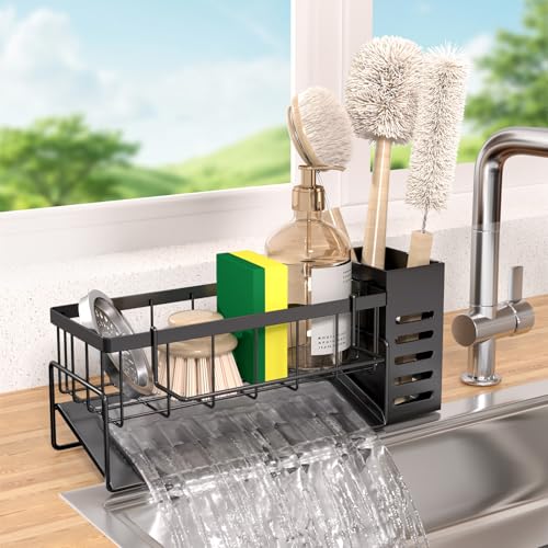 304 Stainless Steel Over Sink Caddy Sponge Soap Organizer Black | Auto sloped drainage with removable tray, 3 divided spaces for sponge & soap, rustproof steel, no installation needed - color: Black