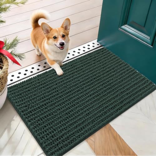 OLANLY Dog Door Mat for Muddy Paws 24x16, Ultra-Absorbent Chenille Mud Mat | Blackish Green, Absorbs Moisture and Dirt, Non-Slip Washable Doormat, Quick-Drying Indoor Entryway Floor Carpet for Dogs - color: Blackish Green, size: 24" X 16"