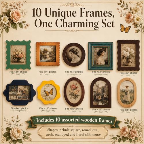10 Pack Solid Pine Wood Vintage Picture Frames, Assorted Ornate Antique Photo Frames for Wall & Tabletop Display, Gallery Wall Decor, Decorative Frames for 4x4 & 4x6 Photos, Bedroom Living Room