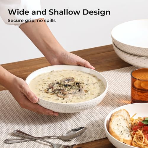 Y YHY 8.5" Pasta Bowls Set of 4, 30 oz Embossed Salad Bowls for Serving Soup, Noodle, Fruit, Dinner, Kitchen Deep Plates, Ceramic Dinnerware Sets, Soft White Dishes for Thanksgiving Day Gifts - size: 8.5 IN