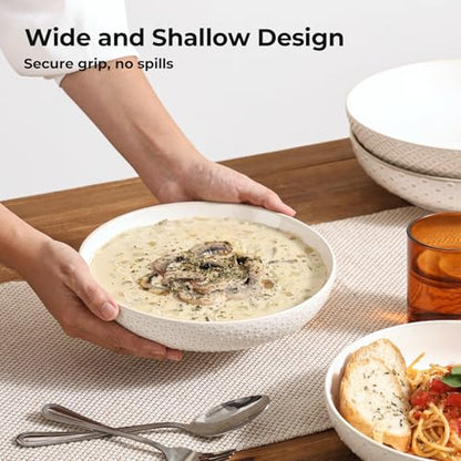 Y YHY 8.5" Pasta Bowls Set of 4, 30 oz Embossed Salad Bowls for Serving Soup, Noodle, Fruit, Dinner, Kitchen Deep Plates, Ceramic Dinnerware Sets, Soft White Dishes for Thanksgiving Day Gifts - size: 8.5 IN