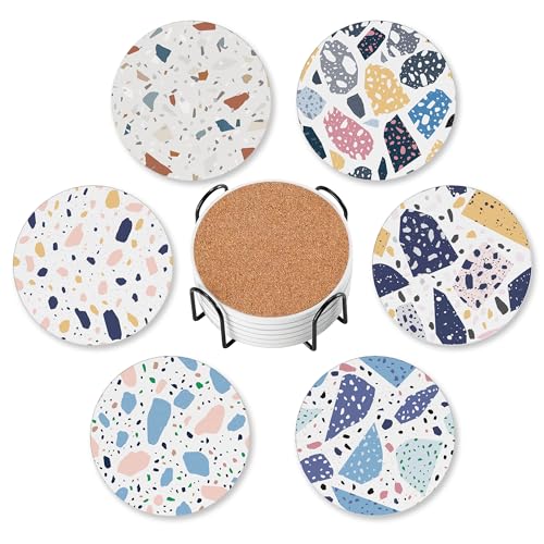 6 Pcs Terrazzo Ceramic Coasters with Holder Absorbent Drink Coasters,Modern Sandstone Round Ceramic Stone Coaster with Cork Base,Tabletop Protection Mat for Mugs and Cups,Office,Kitchen - color: Terrazzo Modern Sandstone