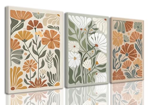 KISSFOX Framed Canvas Wall Art Abstract Floral Botanical Print Set of 3 Green Beige Wildflower Flower Market Paintings Boho Modern Minimalist Pictures Decor Bedroom Bathroom Living Room 16"x24" - color: Green Beige, size: 16x24 In Canvas