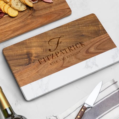 HomeWetBar Personalized Acacia Charcuterie Board | Custom 16 x 9 x 1/2 inch White Marble & Acacia Wood Cheese Board | Perfect Housewarming + Wedding + Couples Gift Idea - style: Winslow Cheese Board