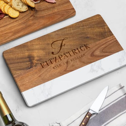 HomeWetBar Personalized Acacia Charcuterie Board | Custom 16 x 9 x 1/2 inch White Marble & Acacia Wood Cheese Board | Perfect Housewarming + Wedding + Couples Gift Idea - style: Winslow Cheese Board
