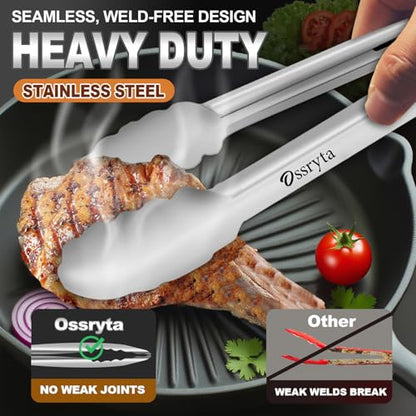 Stainless Steel Cooking Tongs Set of 3 - Heavy Duty 12/9/7 Inch Locking Tongs, Heat Resistant to 600 Degrees, Food Grade Kitchen Metal Tong for Food, Salad, & BBQ - Dishwasher Safe - color: Silver 3 Pieces, size: 7+9+12 inch