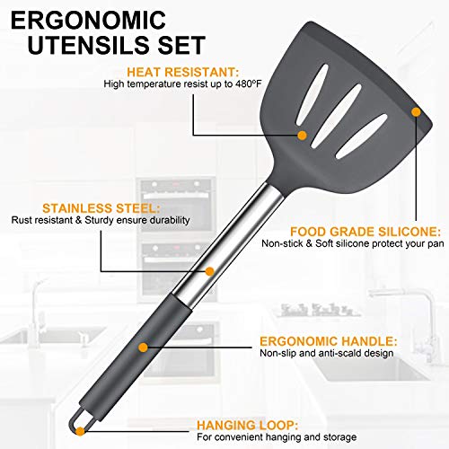 LIANYU 43 Pcs Kitchen Cooking Utensils Set, Silicone Cooking Utensils Spatula Set with Holder, Heat Resistant Kitchen Gadgets Tools for Nonstick Cookware Set, Stainless Steel Handle, Grey - color: Gray